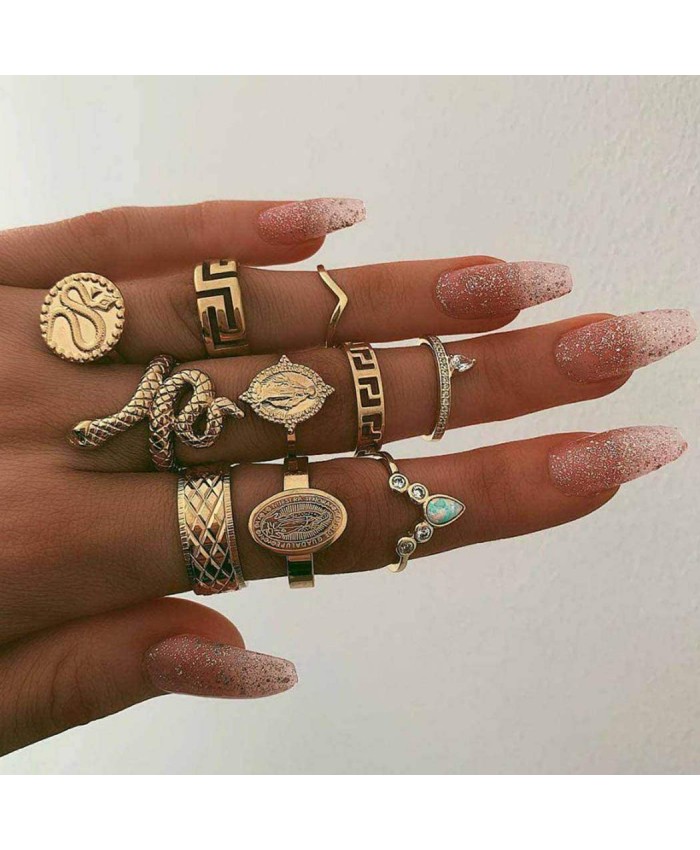 Nicute Boho Gold Rings Set Finger Ring Sets Vintage Snake Knuckle Rings for Women and Girls 10 PCS