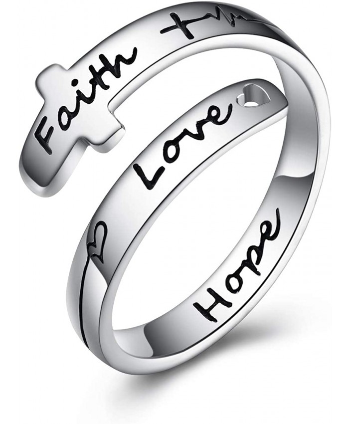POPLYKE Faith Hope Love Ring for Women Teens 925 Sterling Silver Faith Ring Wrap Rings for Women Inspirational Jewelry Gifts 1-Cross Adjustable Ring 7