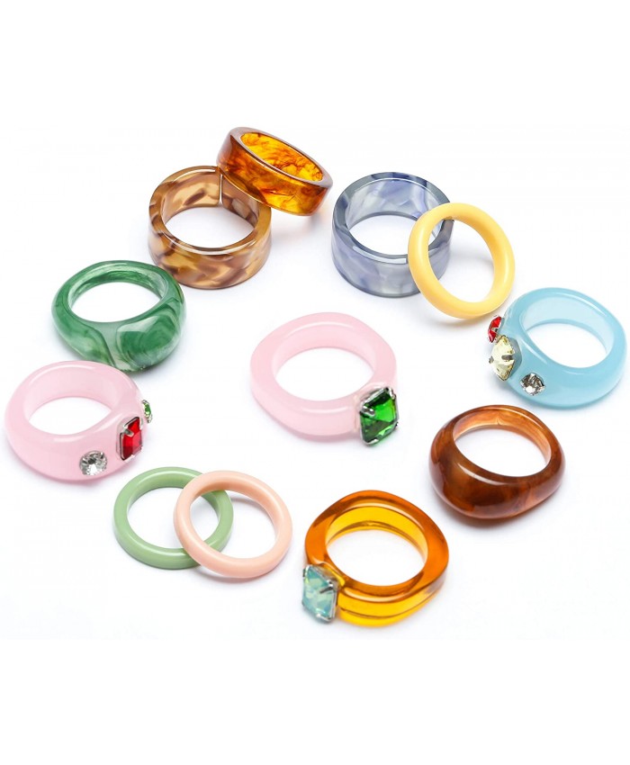 RIOSO 12Pcs Vintage Resin Acrylic Rings for Women Retro Colorful Plastic Resin Wood Ring Fashion Retro Ring Set