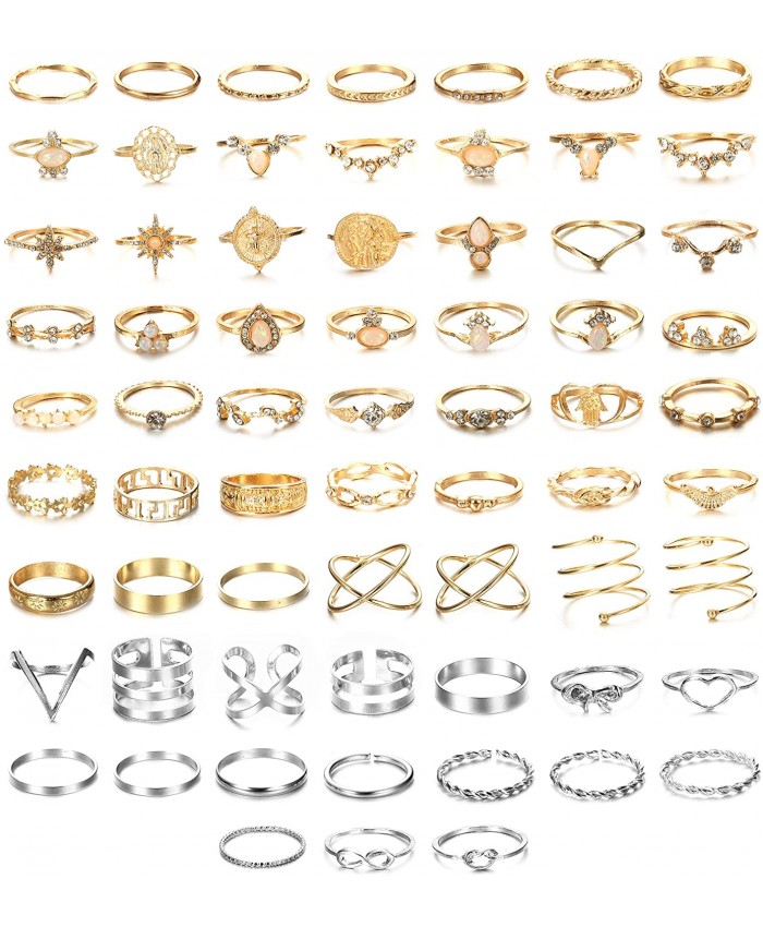 SAILIMUE 66Pcs Ring Set for Women Bohemian Knuckle Rings Vintage Stackable Finger Rings Midi Rings Fashion Hollow Carved Flowers Gold-tone &Silver-tone