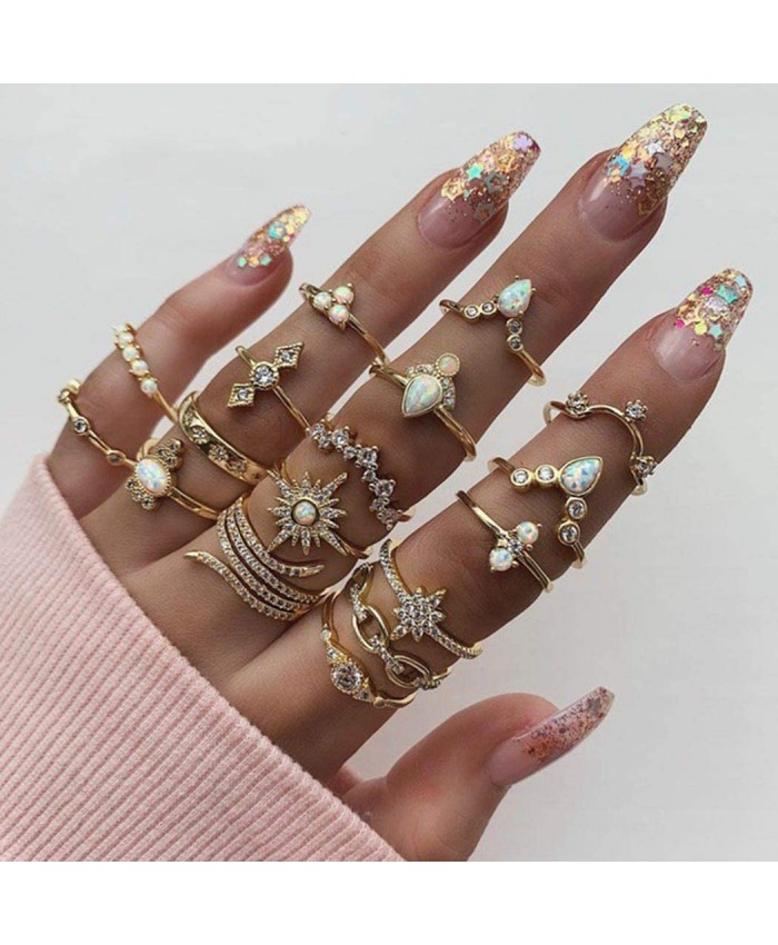 Simsly Boho Kunckle Ring Stackable Rhinestone Gold Joint Nail Ring Crystal Knuckle Rings Set for Women and Girls17PCS Set 1
