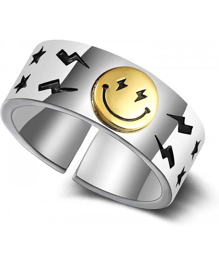 sovesi Smiley Face Ring Wide Chunky Adjustable Vintage Silver Smiling Open Ring for Women Men Size 7