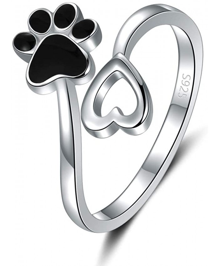 Step Forward Dog Paw Love Heart Adjustable Open Ring for Women 925 Sterling Silver Black Enamel Cute Puppy Cat Animal Claw Jewelry for Pet Lovers