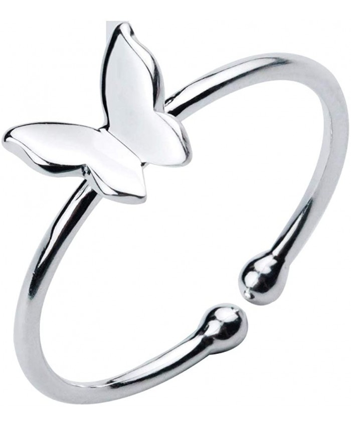 Sterling Silver Dainty Butterfly Ring Minimalist Adjustable Open Tail Finger Stacking Band for Women Girls