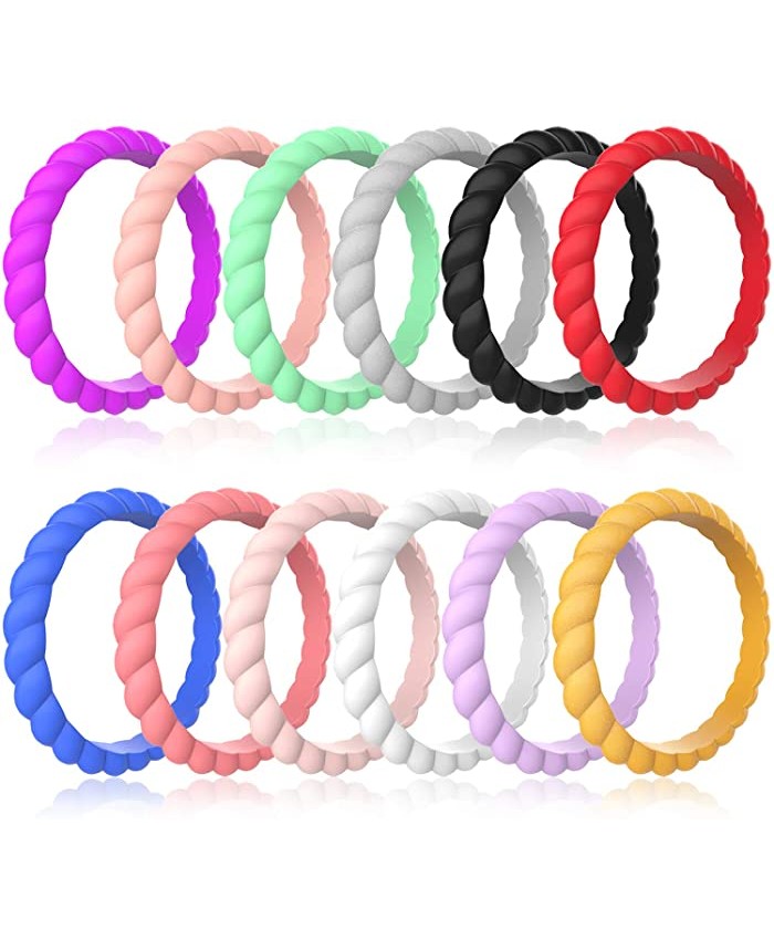 Zollen 12 Packs Silicone Wedding Rings for Women Thin Braided Rubber Wedding Bands Stackable Ring Hypoallergenic Silicone