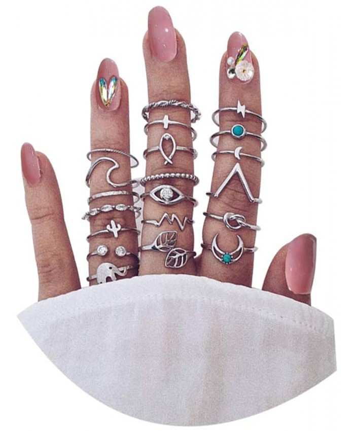 ZZ ZINFANDEL 20 Pcs Multiple Boho Silver Ring Set Star Moon Wave Feather Cactus Elephant Eye Rings Stackable Knuckle Rings for Women Bohemian Midi Finger Rings Set for Teens Girls C20pcs silver